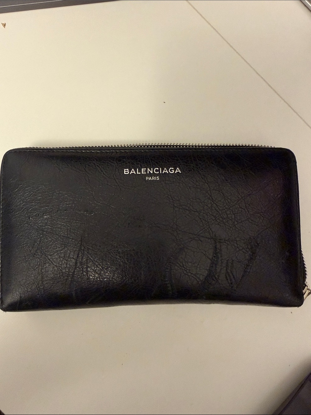 Balenciaga Black Leather Long Zip Wallet with Embossed Logo